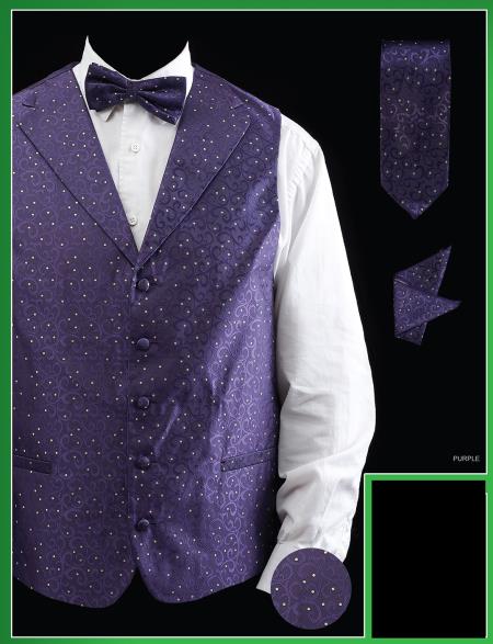 Men's 4 Piece Groomsmen Dress Tuxedo Wedding Vest ~ Waistcoat ~ Waist coat  Set (Bow Tie, Neck Tie, Hanky) - Lapelled Groomsmen Vest ~ Waistcoat ~ Waist coat  Purple  - Men's Neck Ties - Mens Dress Tie - Trendy Mens Ties