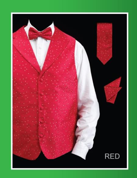 Men's 4 Piece Groomsmen Dress Tuxedo Wedding Vest ~ Waistcoat ~ Waist coat  Set (Bow Tie, Neck Tie, Hanky) - Lapelled Groomsmen Vest ~ Waistcoat ~ Waist coat  Red  - Men's Neck Ties - Mens Dress Tie - Trendy Mens Ties