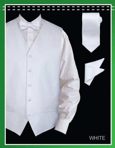 Men's 4 Piece Groomsmen Dress Tuxedo Wedding Vest ~ Waistcoat ~ Waist coat  Set (Bow Tie, Neck Tie, Hanky) - Jacquard White - Men's Neck Ties - Mens Dress Tie - Trendy Mens Ties