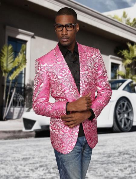 Alberto Nardoni Brand Fashion Men's shiny Fuchsia ~ black lapel blazer fashion pink sportcoat