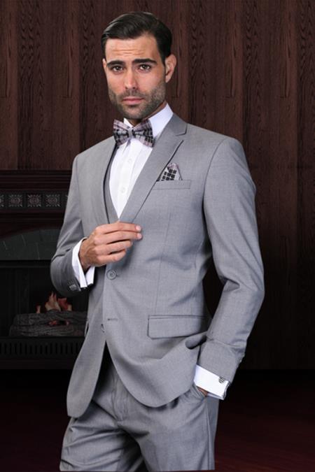 Slim Fit Suit Gray Narrow Lapel LOW VEST Vented European Men's Slim Fit Suits - Three Piece Suit