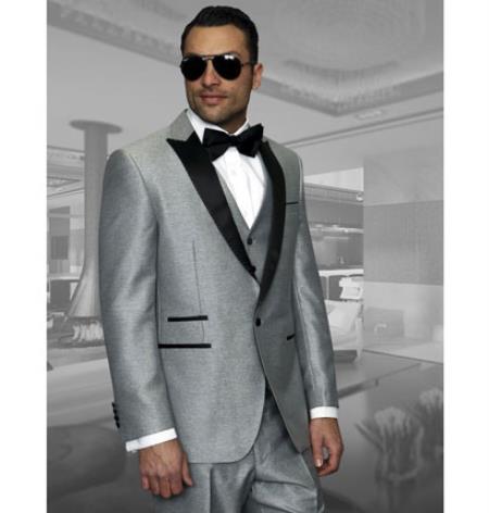 1 Button Vested Peak Lapel Dinner Jacket 3 Piece Tuxedo Suit Light Grey ~ Gray Suit With Black Lapel Two toned (Silver Color)