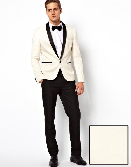 Men's Ivory ~ Cream ~ Off / Black Lapel White Shawl Collar Dinner Jacket / Blazer Black Trouser Fashion Tuxedo For Men