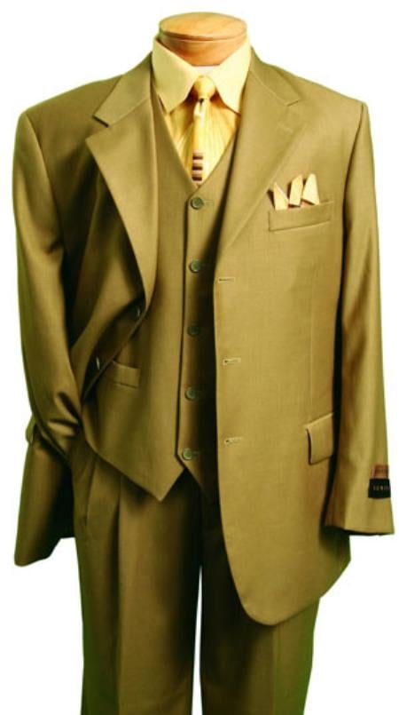 Men's Khaki ~ Bronze  Fashion Three Piece Suit 2 Button Style With Flat Front No Pleated Pants