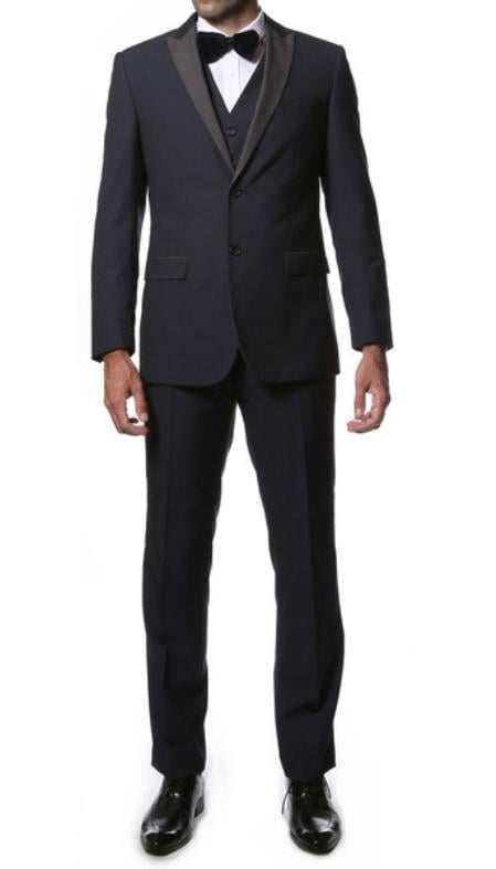 3 Piece Midnight  Navy Blue Peak Lapel Super Slim Tuxedo Vested Tuxedo