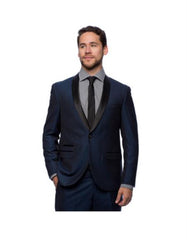 West End Men's Young Look Slim Fit Collar Satin-Detailed Tuxedo Dark Navy  - Dark Blue Suit Color