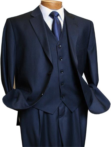 2BV Men's 3 Piece Dark Navy blue Suit For Men Mini Pinstripe ~ Stripe Conservative Italian Design Suit Vested Side Vent Flat Front Pants