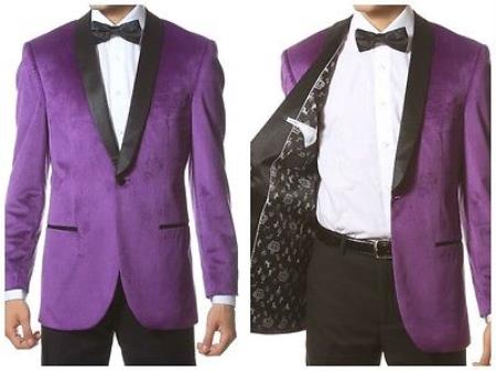 Velvet Blazer - Mens Velvet Jacket Velvet Shawl Collar Dinner Smoking Purple Tuxedo + Velvet Bowtie + Black Pants