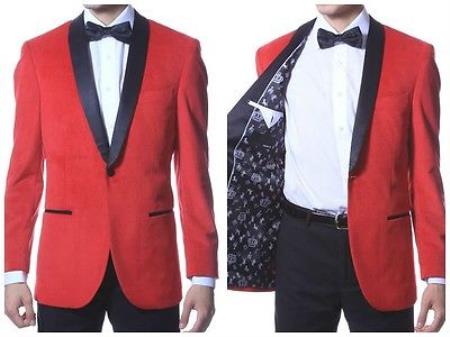 Velvet Blazer - Mens Velvet Jacket Velvet Shawl Collar Dinner Smoking , Slim Fit Red