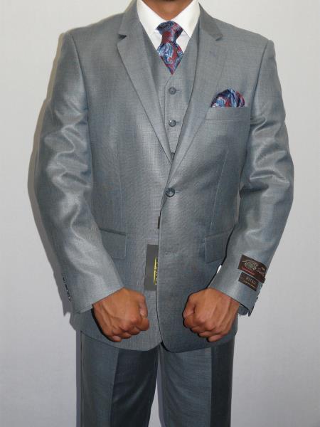 Men's Three Piece Vested Suit Shinny Sharkskin Ocean Blue