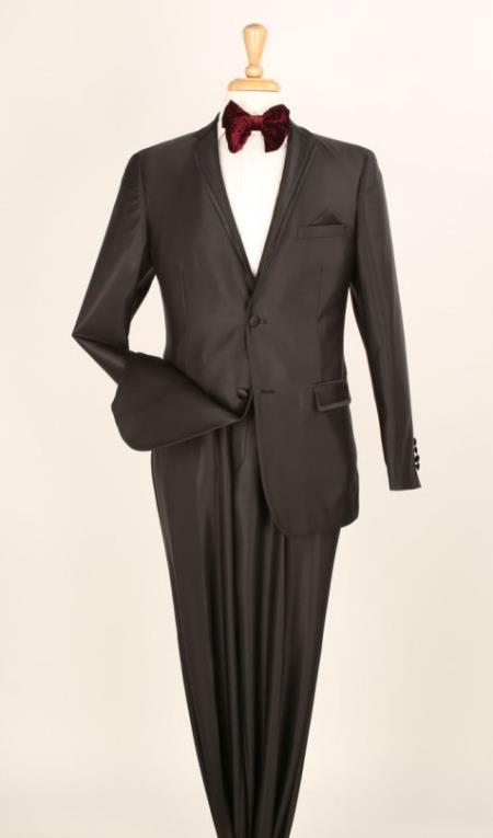 Men's 2 Piece Executive Suit -Pocket/Collar Shiny Flashy Satin Silky Metallic- Black  Men's Sharkskin Suit