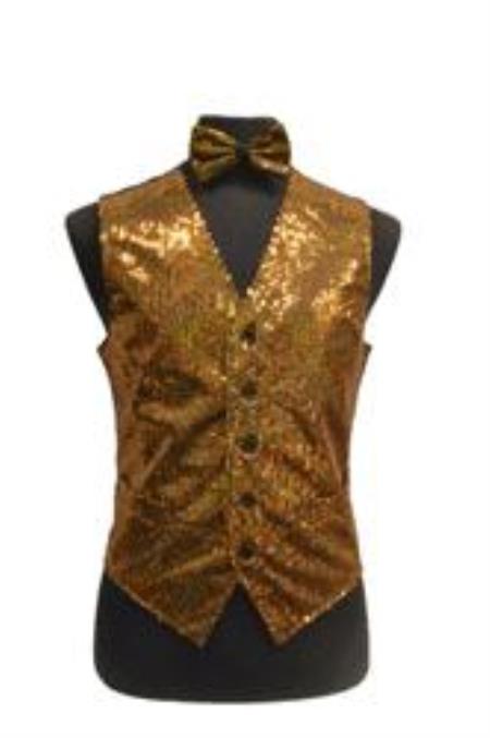 Sparkly Bow Tie Satin Shiny Sequin Dress Tuxedo Wedding Vest/bow tie set Gold - Men's Neck Ties - Mens Dress Tie - Trendy Mens Ties