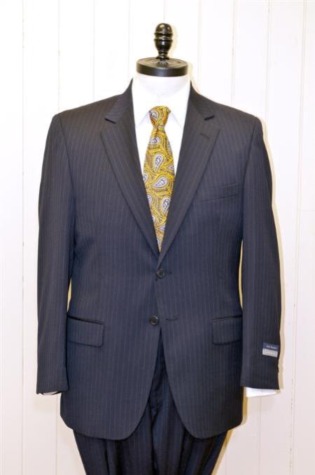 2 Button  Wool Suit Dark Navy Blue Suit For Men Stripe ~ Pinstripe