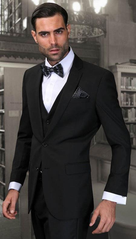 European cut style Three Piece Black Jacket & Pants Wedding - Prom Event Men's Slim Fit Suits