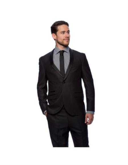 West End Men's Black Young Look Slim Fit Satin-Detailed Tuxedo