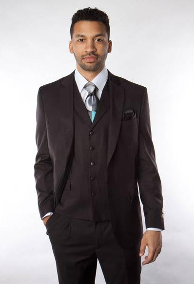 Men's Solid Black 3 Piece Vested Suit - 100% Percent Wool Fabric Suit - Worsted Wool Business Suit