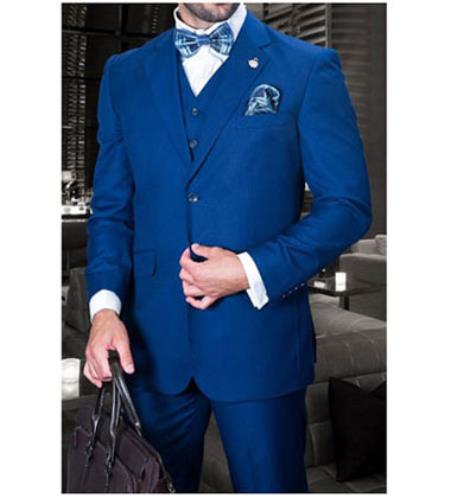 Statement Confidence Men's Sapphire Blue 3 Piece 2 Button Italian Designer Fine Brands Best Italian Style Cut Suits