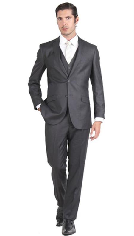 Mens Three Piece Suit - Vested Suit Slim Fit Suit Mens Charcoal  Two Button Cheap Priced Business Suits