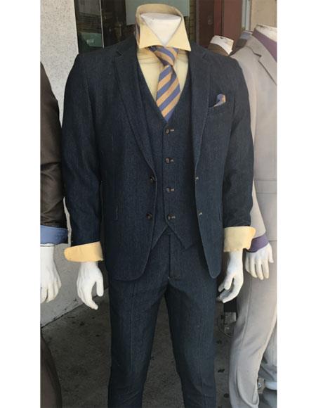 Vitali Denim Blue Color Suit Fabric 2 Button Suit Vested Flat Front Pants (Jacket Blazer + Vest + Pants)