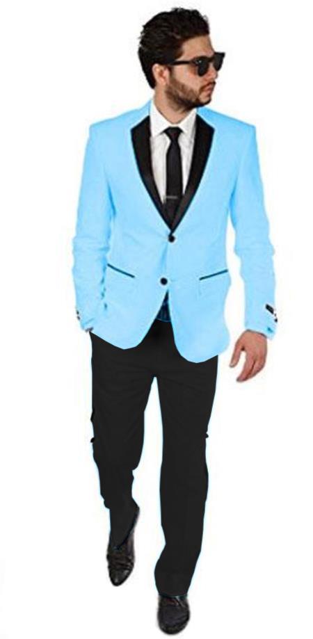 2BW2 Sky Light Blue ~ Baby Pastel Color With Black Lapel Tuxedo With Black Vest & Black Pants Vested 3 Pieces