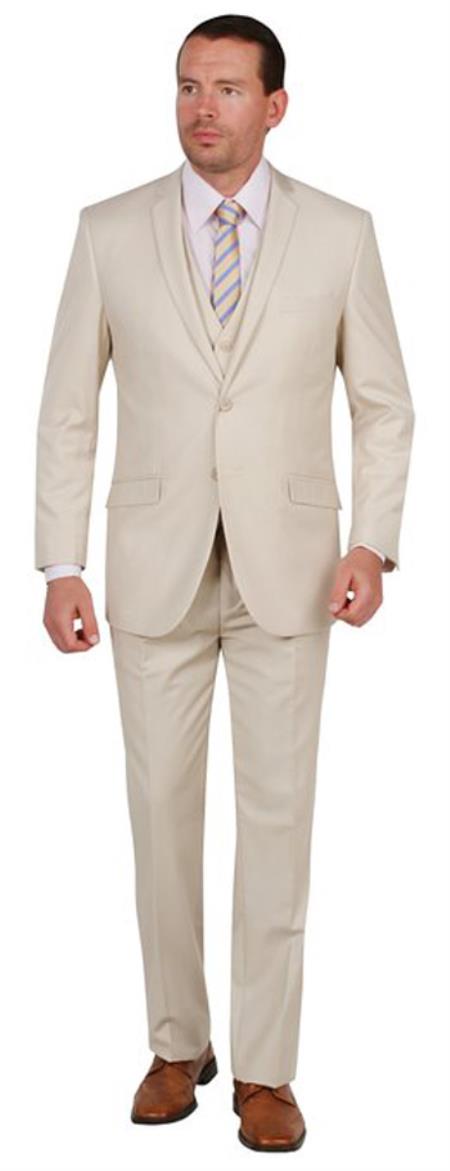 Mens Three Piece Suit - Vested Suit Mens Tan  Slim Fit  V-shaped little flap Suit