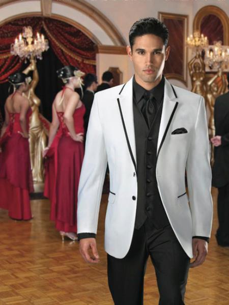 2 Button White Suit or Fashion Tuxedo For Men & Blazer With Black Edge Trim