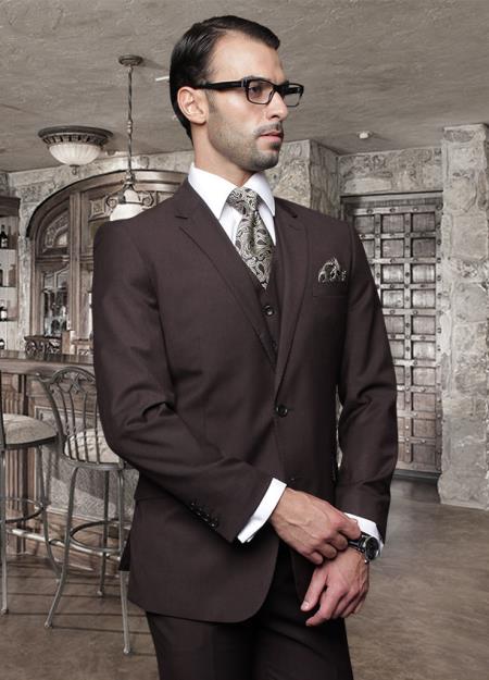 2 Button Brown Suit with a Vest Super 150's Italian Pick Stitched Lapel Slanted Pocket - Three Piece Suit - 100% Percent Wool Fabric Suit - Worsted Wool Business Suit