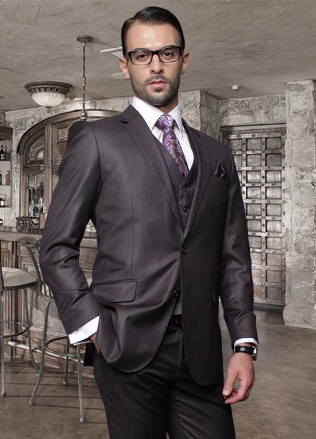 Mens Three Piece Suit - Vested Suit 2 Button Solid Color Heather Charcoal Men's Suit