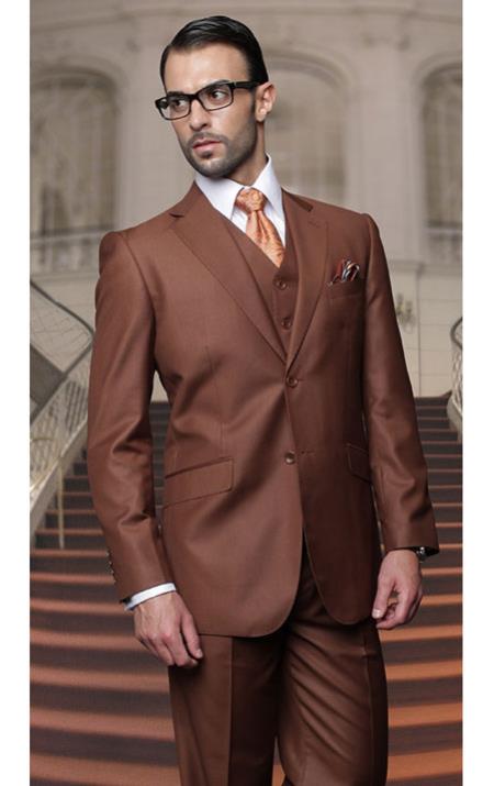 Men's Copper Two Buttons Vested Wool Tailored Fit Suit