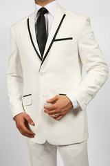 2 Button White Suit Jacket & Pants With Black Trim Lapel Fashion Tuxedo For Men