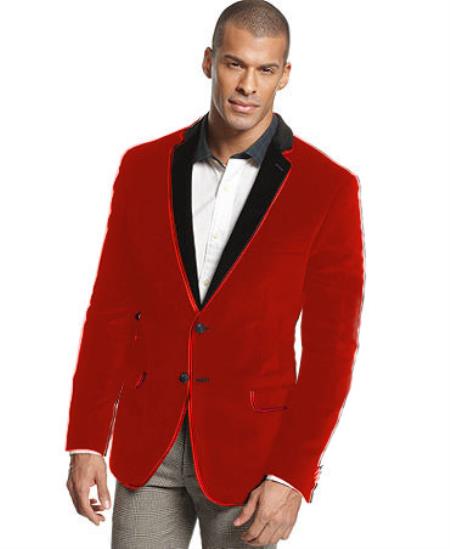 Two Tone Trim Notch Collar ~ Red Velvet velour Blazer Jacket Formal Cheap Priced Blazer Jacket For Men Tuxedo Jacket~Sport Coat  - Red Tuxedo