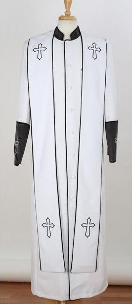 Men's Big & Tall Church White/Black Cross Accent Robe With Stole Mandarin Suits