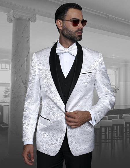 Alberto Nardoni Brand Men's Blazer Shawl Lapel White Shadow Floral Dinner Jacket Sport Coat