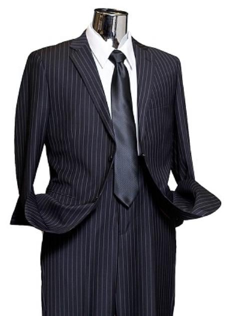 Dark Navy Wide Pinstripe 2 Button Men's Suit - Dark Blue Suit