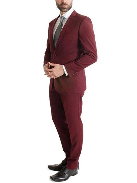 L & S France Men's 2 Piece Slim Fit One Button  Burgundy ~ Wine ~Maroon Suit - Single Button Suit