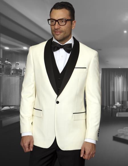 Champagne Suit Men's Cream ~ Ivory  ~ Off White Dinner Jacket 1 Button Blazer Sport Coat Black Lapel + Matching Vest & Pants As soon on the picture + Free Shirt & Bowtie