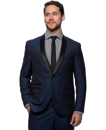 West End Men's 1 Button Dark Navy Young Look Satin Shawl Collar Slim Fit Tuxedo