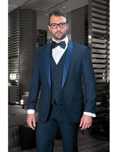 Statement Confidence Men's Dark Navy 1 Button Shawl Lapel 3 Piece Vested Suit With Flat Front Pants