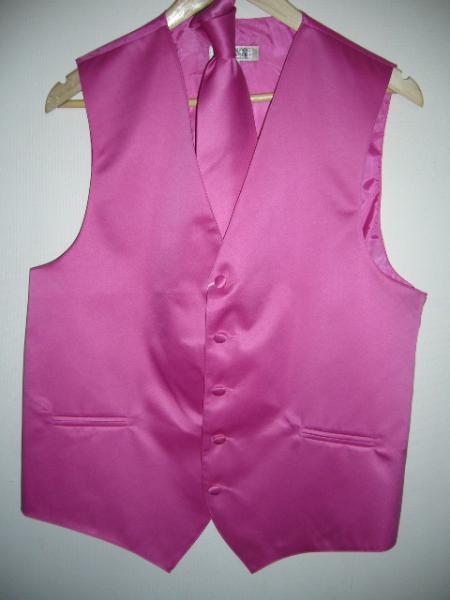 HOT Pink Tuxedo ( FUESHA ) DRESS TUXEDO WEDDING Vest ~ Waistcoat ~ Waist coat & TIE SET Buy 10 of same color Tie For $25 Each - Men's Neck Ties - Mens Dress Tie - Trendy Mens Ties