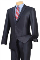 Tuxedo & Formal Shiny Flashy Blue Trimmed Slim Fit Suits Fitted Style Dark Navy Men's Sharkskin Suit