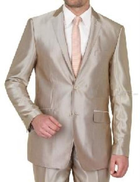 Beige Shiny sharkskin  Men's Suit Side-Vented Mocca-Bronze ~ Camel-Sand-Taupe Khaki Champagne