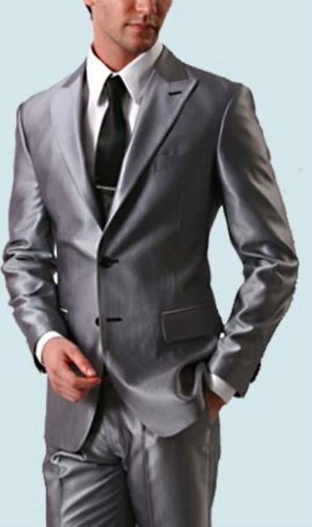 Shiny Sharkskin Silver Gray 2 Button Style Jacket Flat Front Pants New Style