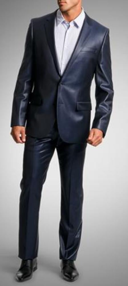 Shiny sharkskin  Men's Suit Side-Vented Dark Navy Blue Suit For Men