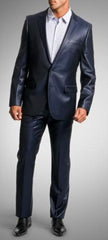 Shiny sharkskin  Men's Suit Side-Vented Dark Navy Blue Suit For Men