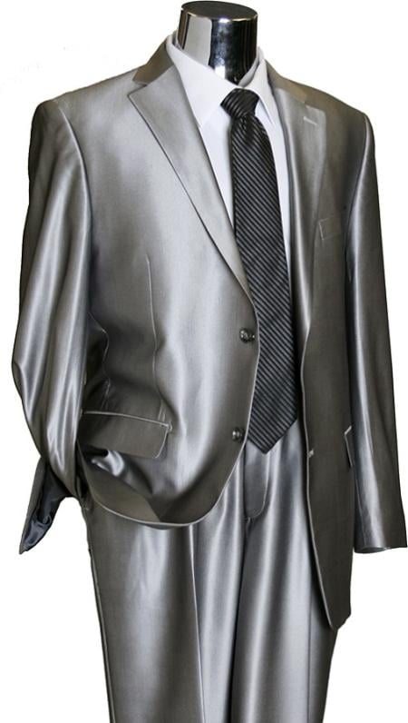 Shiny 2 Button Silver Grey ~ Gray Flashy Sharkskin Men's Cheap Priced Business Suits Clearance Sale