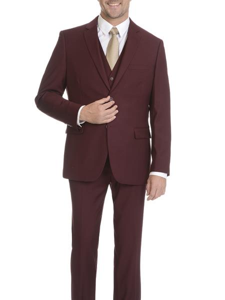 Caravelli Men's 2 Button Burgundy ~ Wine ~ Vested Slim Fitted Maroon Suit