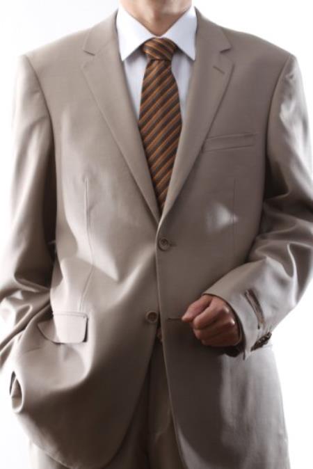 Men's  2 Button Super 140s Tan ~ Beige Dress Suit Tan - 100% Percent Wool Fabric Suit - Worsted Wool Business Suit