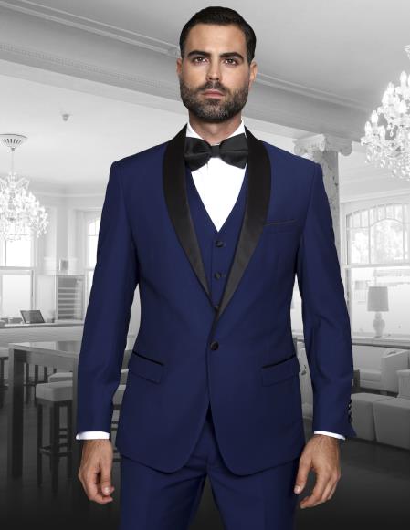 Teal Blue Indigo ~ Bright Blue Cobalt Blue (Dark Royal) Single Button Vested Black Lapel Two Toned Blue Tuxedo Shawl Collar