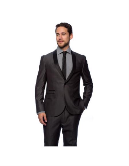 West End Men's Charcoal Young Look Slim Fit Collar Satin-Detailed Tuxedo - Color: Dark Grey Suit