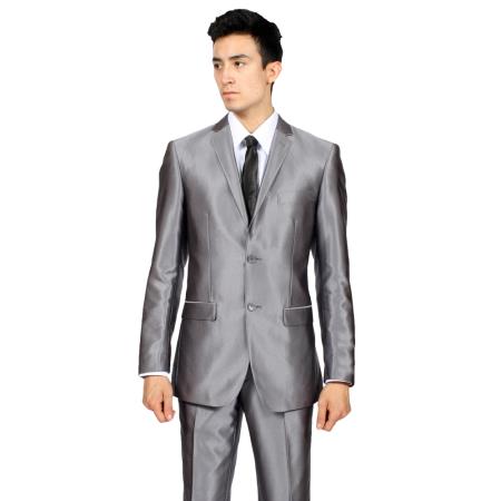 Men's Slim Fit Grey Charcoal Shiny Sharkskin Suit